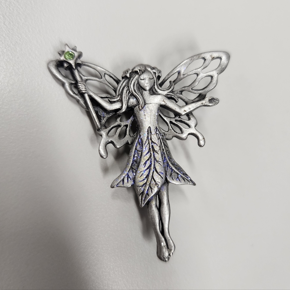 Vintage JJ Jonette Jewelry Pewter Fairy Brooch Winged Ballerina Pixie Pin Star